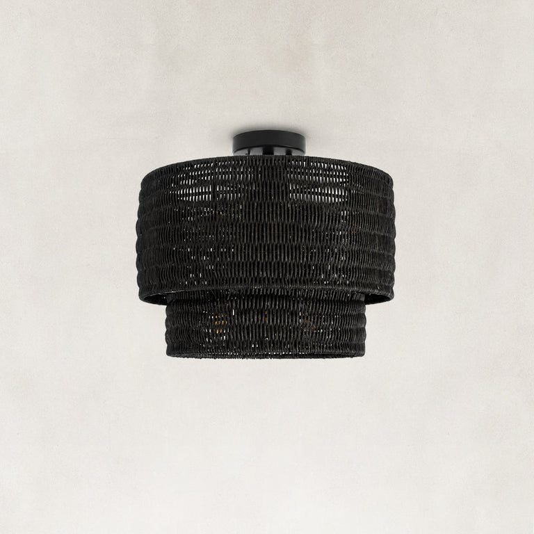 Black Tiered Rattan Flush Mount, 16 in