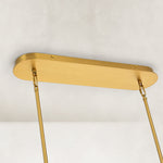 Linear disc chandelier, rectangular ceiling canopy and twin suspension rods.
