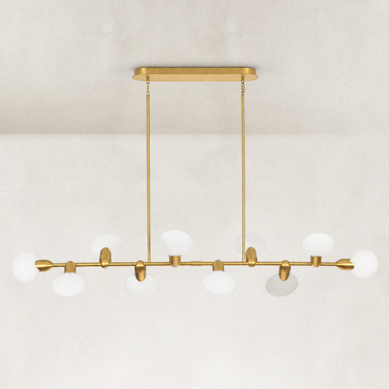 Linear disc chandelier, unlit complete product view with twin rods.