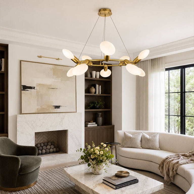 Gold-tone ring chandelier room scene.