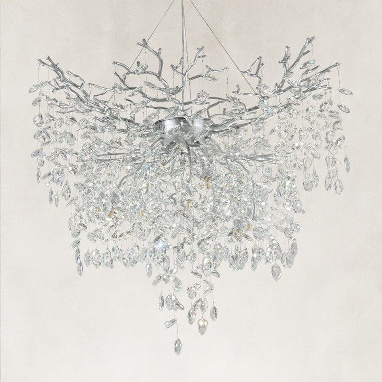 Unlit silver-finish crystal branch chandelier with a deep cascade of drops