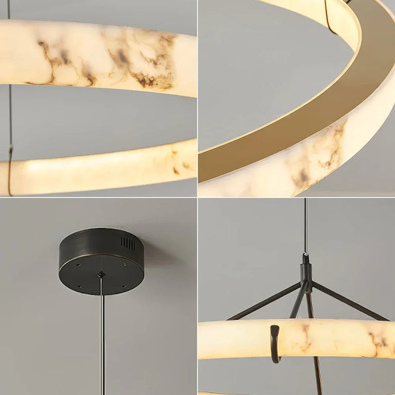 Detail collage of alabaster veining, the black ceiling canopy and ring support frame