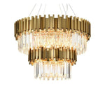 Gold-tone double-crown chandelier with illuminated crystal rods against a white background.