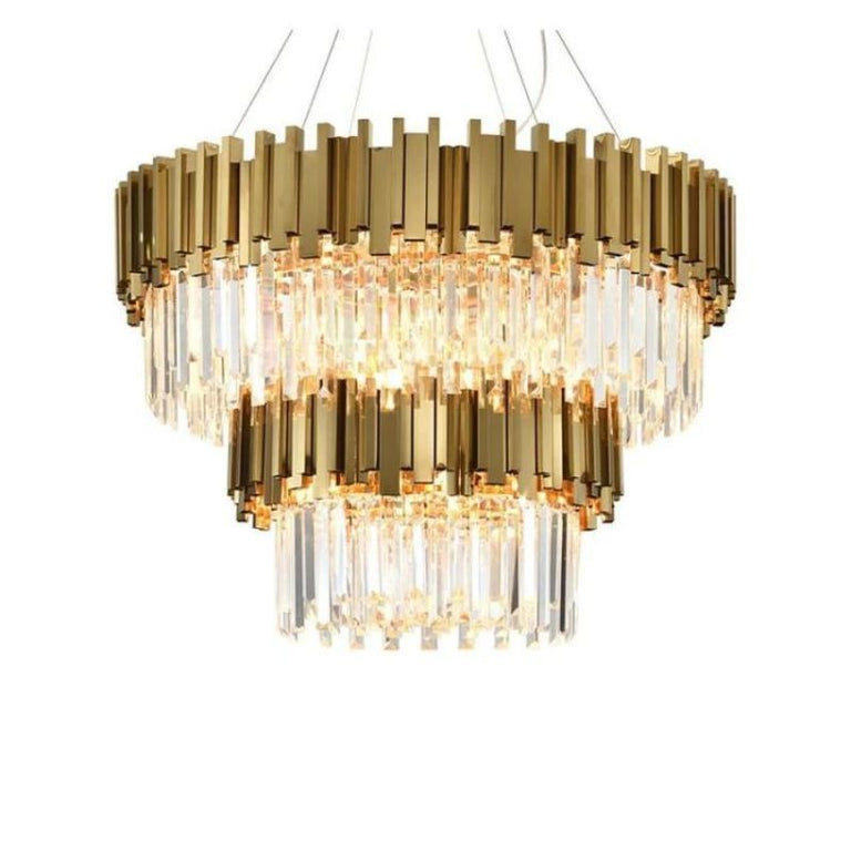 Gold-tone double-crown chandelier with illuminated crystal rods against a white background.