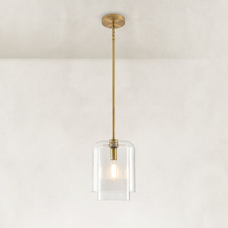 Double-Layer Clear Glass Mini Pendant in Aged Brass, complete fixture main