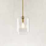 Double-Layer Clear Glass Mini Pendant in Aged Brass, complete fixture close view