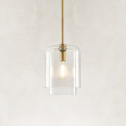 Double-Layer Clear Glass Mini Pendant in Aged Brass, complete fixture close view