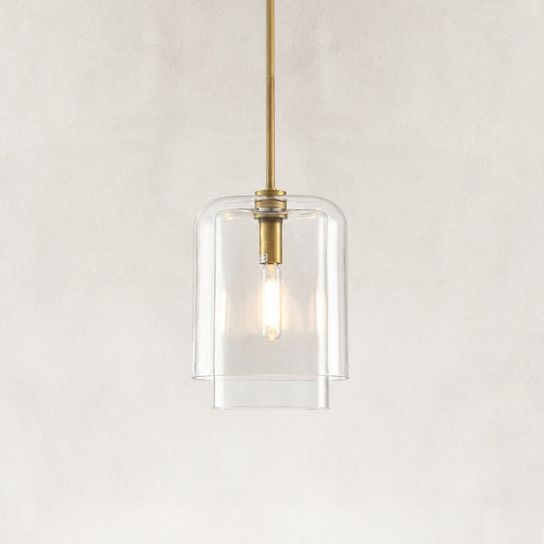 Double-Layer Clear Glass Mini Pendant in Aged Brass, complete fixture close view