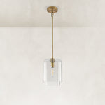 Double-Layer Clear Glass Mini Pendant in Aged Brass, complete fixture light off