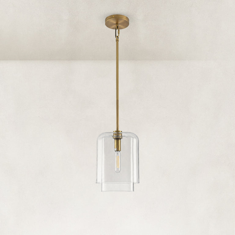 Double-Layer Clear Glass Mini Pendant in Aged Brass, complete fixture light off