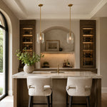 Double-Layer Clear Glass Mini Pendant in Aged Brass, room setting one