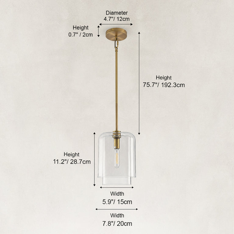Double-Layer Clear Glass Mini Pendant in Aged Brass, alternate dimension guide