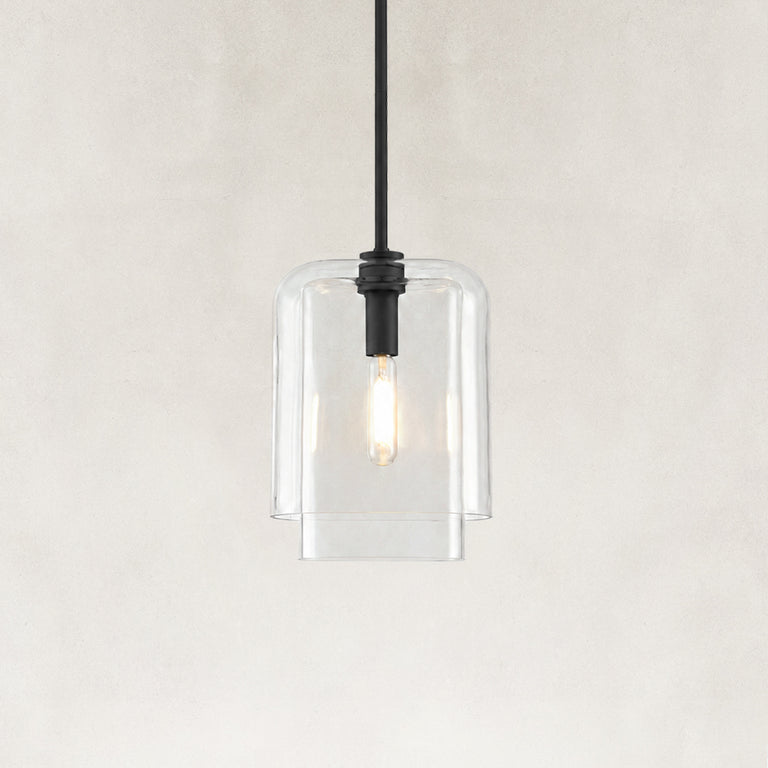 Double-Layer Clear Glass Mini Pendant in Matte Black, complete fixture close view