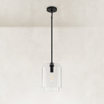 Double-Layer Clear Glass Mini Pendant in Matte Black, complete fixture light off