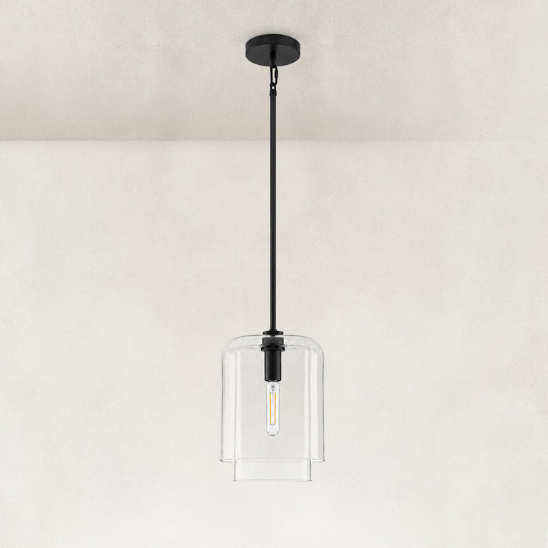 Double-Layer Clear Glass Mini Pendant in Matte Black, complete fixture light off