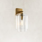 Double-Layer Clear Glass Wall Sconce in Aged Brass, complete fixture main