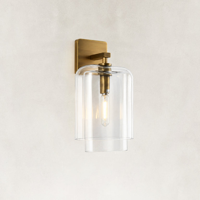 Double-Layer Clear Glass Wall Sconce in Aged Brass, complete fixture main