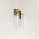 Double-Layer Clear Glass Wall Sconce in Aged Brass, complete fixture alternate