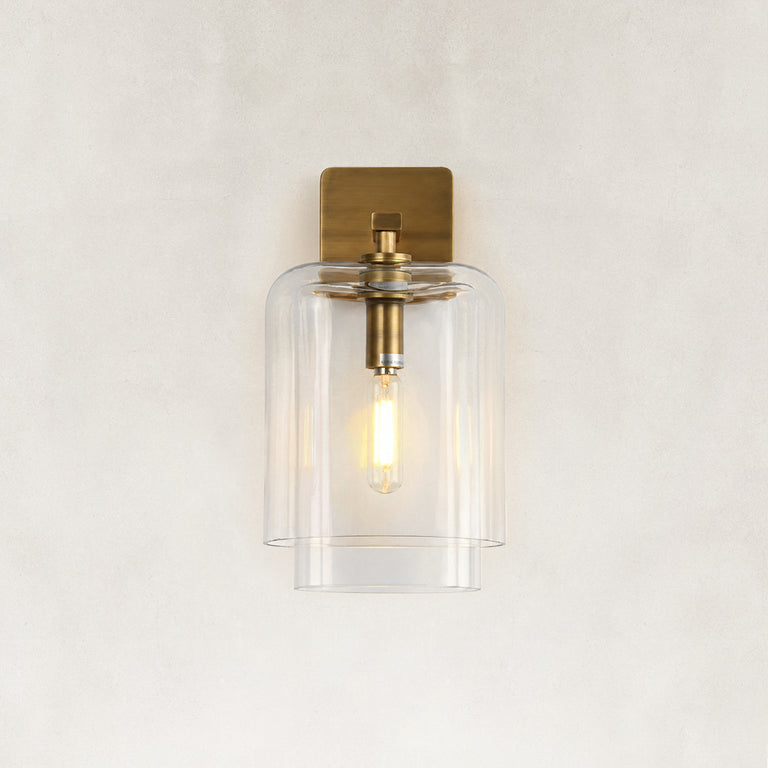 Double-Layer Clear Glass Wall Sconce in Aged Brass, complete fixture close view
