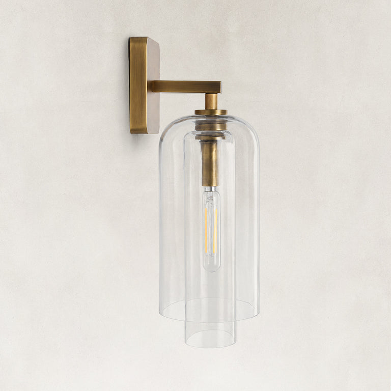 Double-Layer Clear Glass Wall Sconce in Aged Brass, complete fixture light off