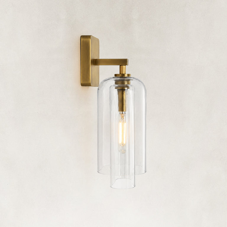 Double-Layer Clear Glass Wall Sconce in Aged Brass, dimension guide