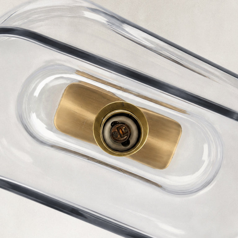 Double-Layer Clear Glass Wall Sconce in Aged Brass, underside detail