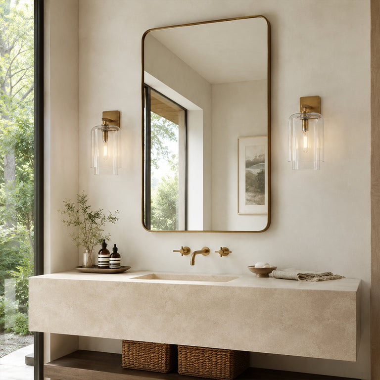 Double-Layer Clear Glass Wall Sconce in Aged Brass, socket detail