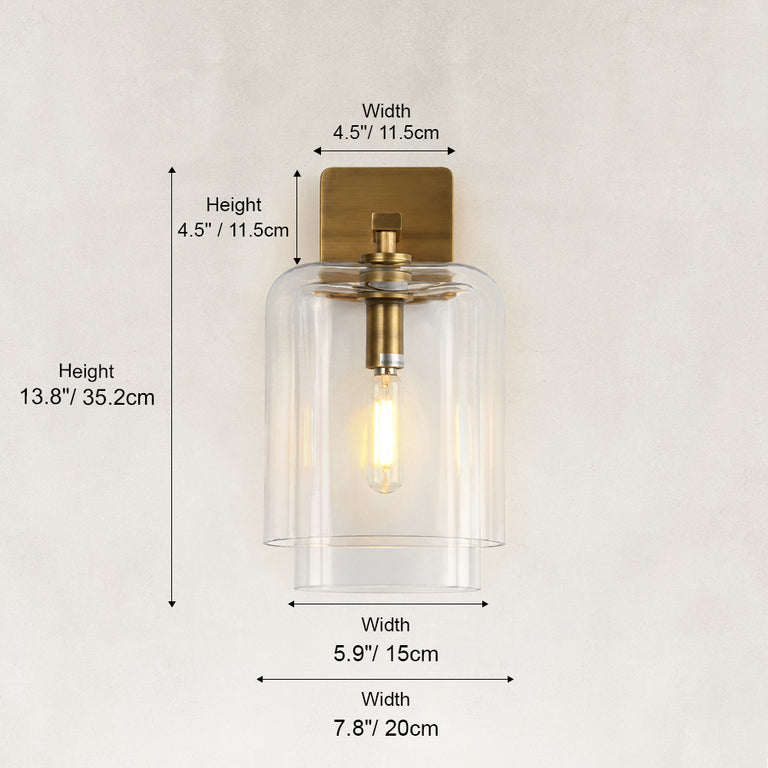 Double-Layer Clear Glass Wall Sconce in Aged Brass, alternate dimension guide