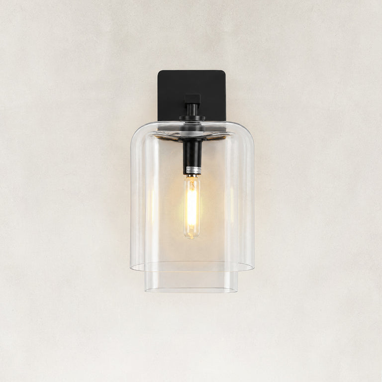 Double-Layer Clear Glass Wall Sconce in Matte Black, complete fixture main