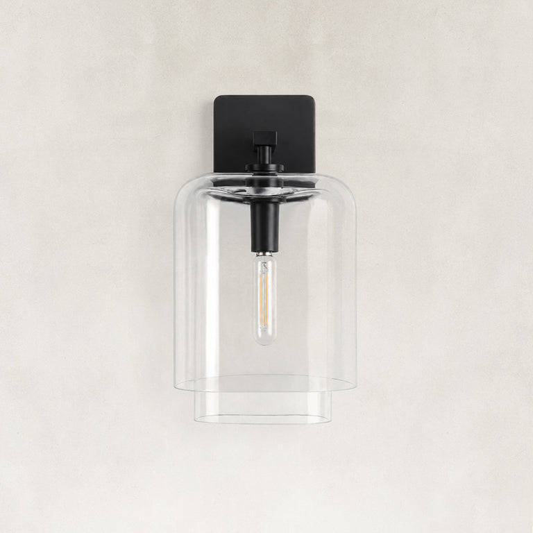 Double-Layer Clear Glass Wall Sconce in Matte Black, complete fixture alternate