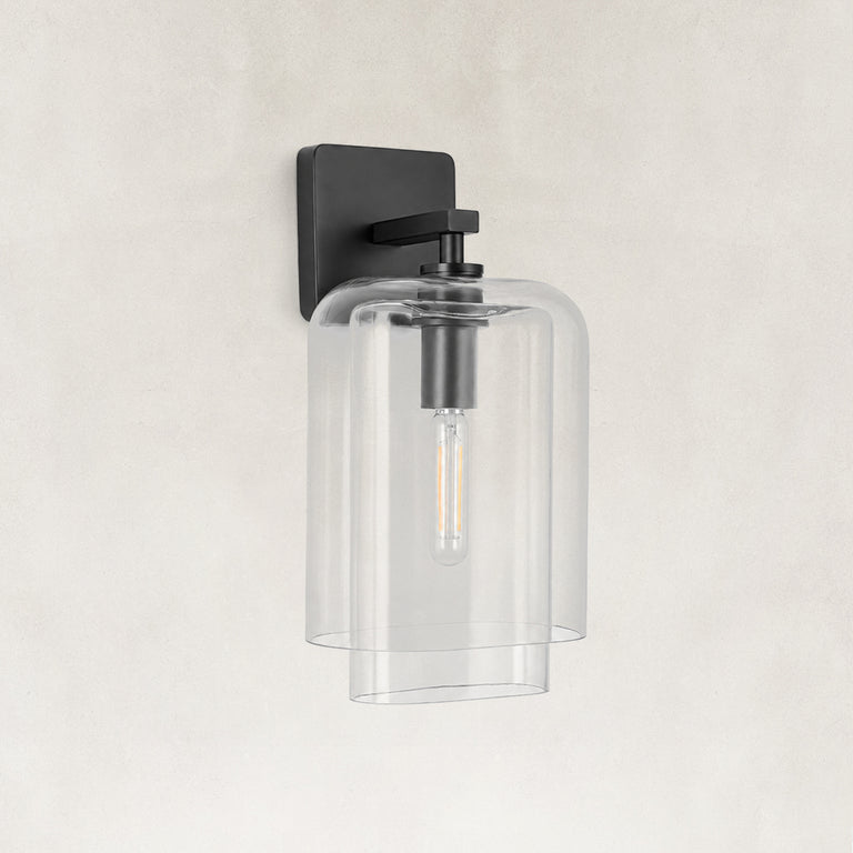 Double-Layer Clear Glass Wall Sconce in Matte Black, complete fixture close view