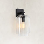 Double-Layer Clear Glass Wall Sconce in Matte Black, complete fixture light off