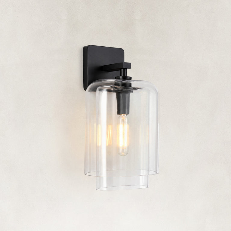 Double-Layer Clear Glass Wall Sconce in Matte Black, complete fixture light off