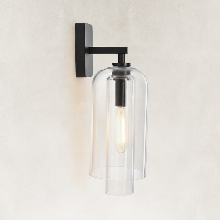 Double-Layer Clear Glass Wall Sconce in Matte Black, dimension guide