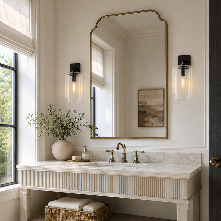 Double-Layer Clear Glass Wall Sconce in Matte Black, socket detail