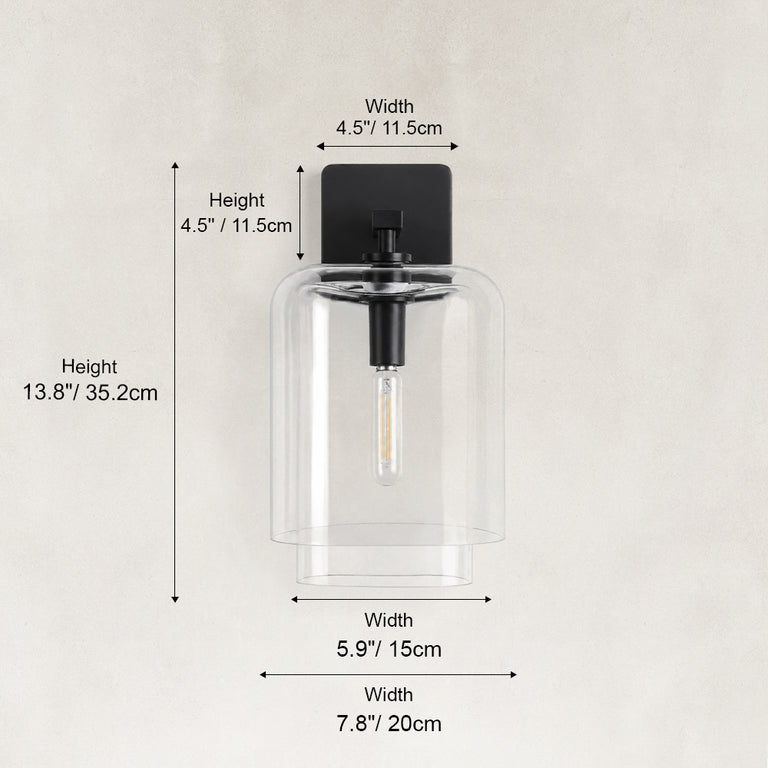 Double-Layer Clear Glass Wall Sconce in Matte Black, alternate dimension guide