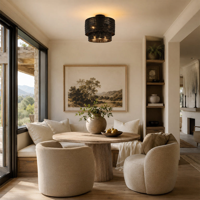 Black two-tier woven fixture in a dining room setting.