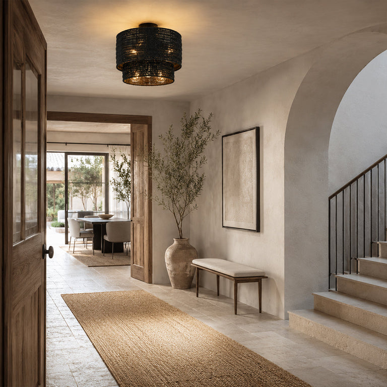 Black two-tier woven fixture in a entry hall setting.