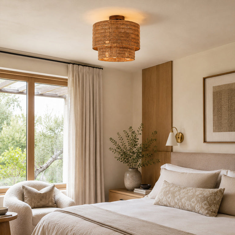 Natural-tone two-tier woven fixture in a bedroom setting.