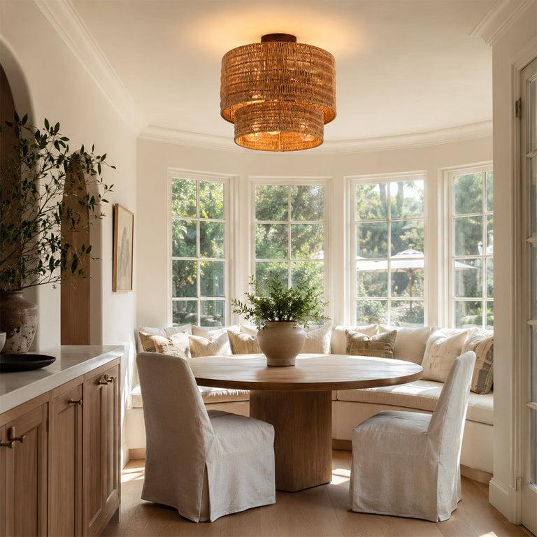 Natural-tone two-tier woven fixture in a dining room setting.