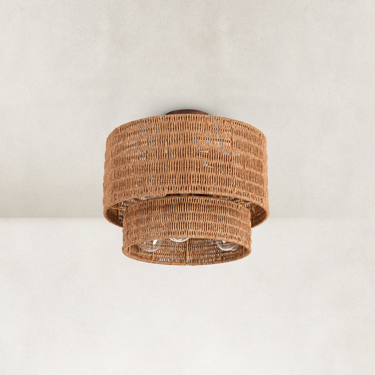 Natural-tone woven fixture underside with visible unlit lamp region.