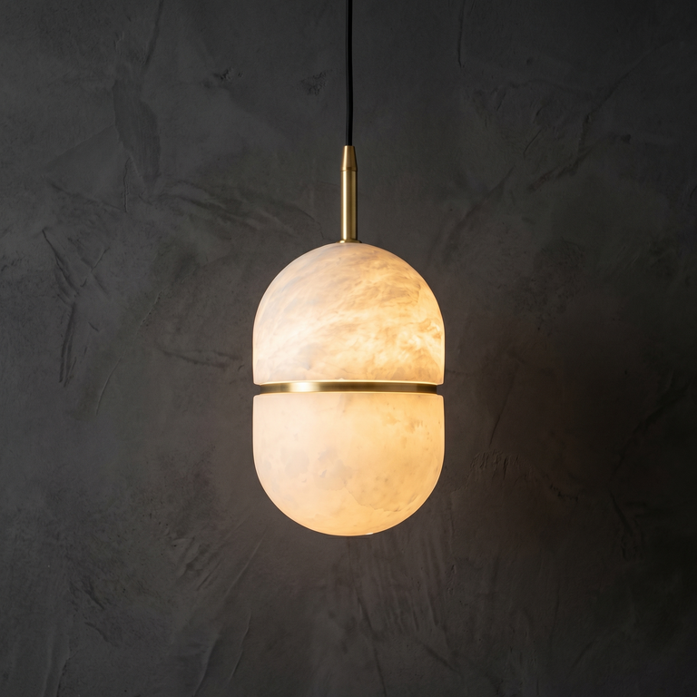 Ellune Alabaster Pendant Light by Dalmivik, complete fixture illuminated