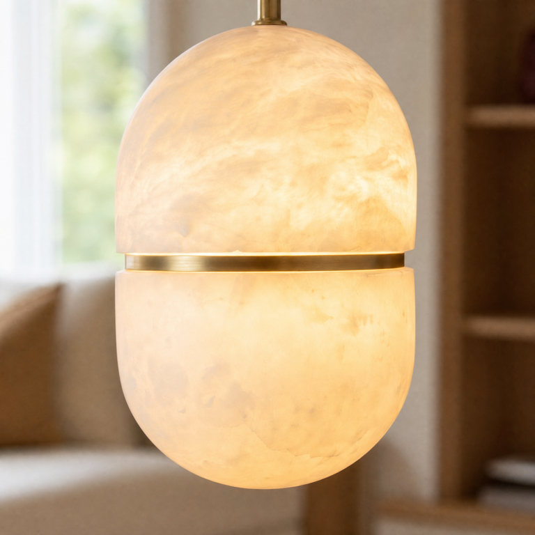 Ellune Alabaster Pendant Light by Dalmivik, stone and metal close view