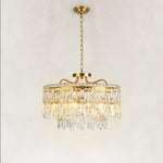 Complete faceted crystal drum chandelier with brushed gold frame and chain