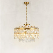Complete faceted crystal drum chandelier with brushed gold frame and chain