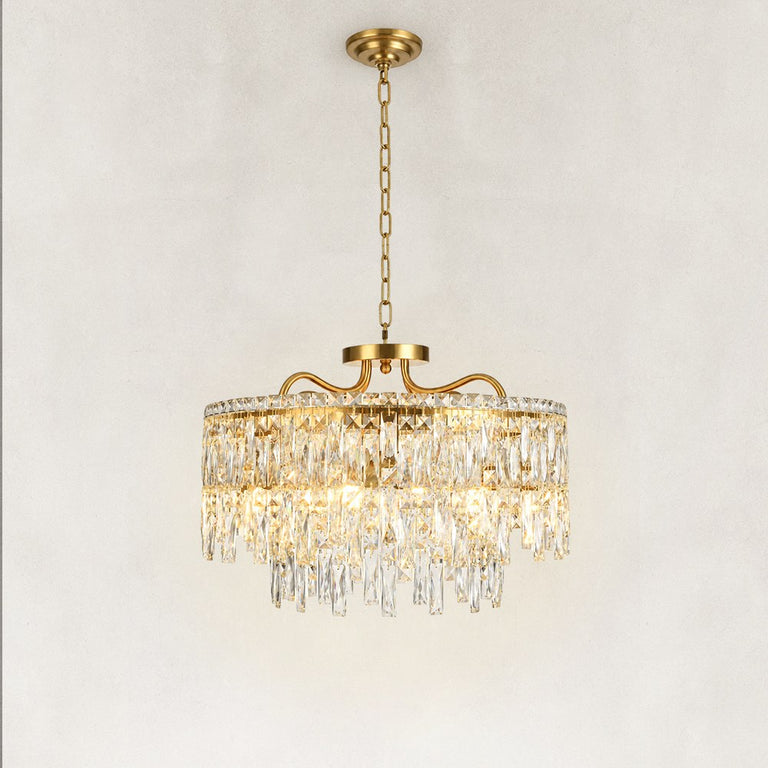 Complete faceted crystal drum chandelier with brushed gold frame and chain