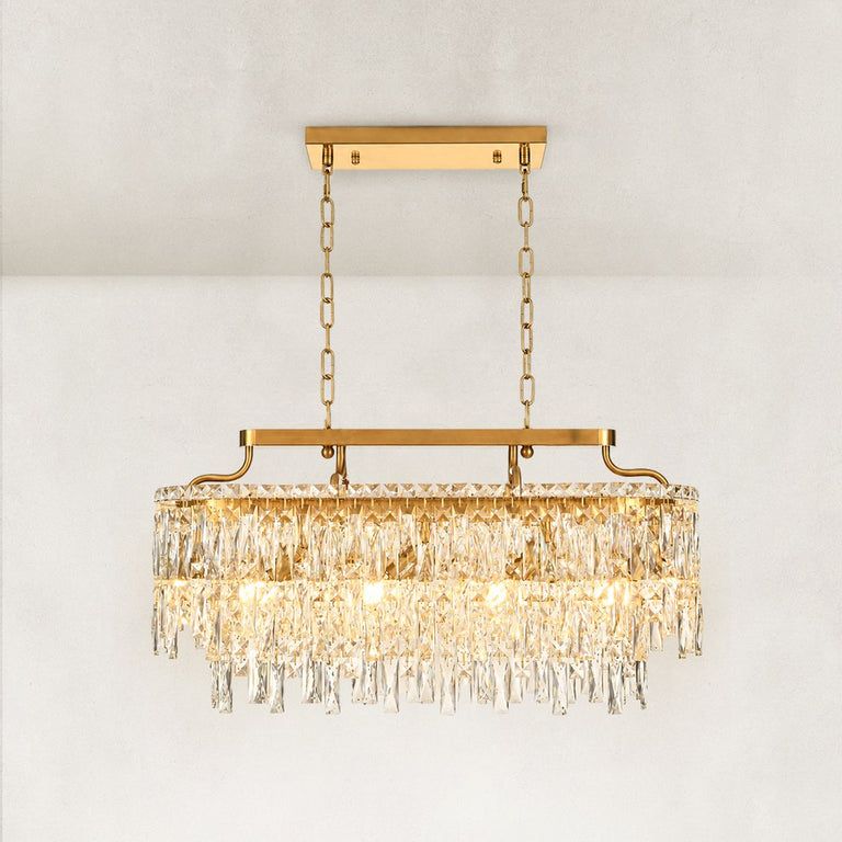 Complete faceted crystal linear chandelier with brushed gold canopy and chains