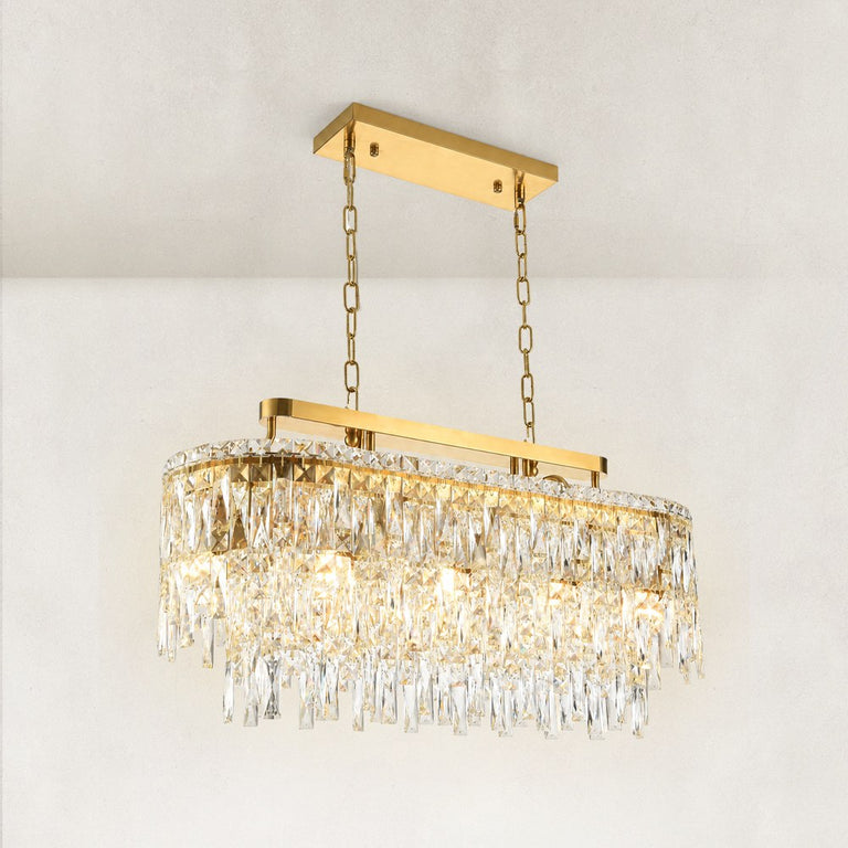 Three-quarter view of the crystal tiers and brushed gold linear frame