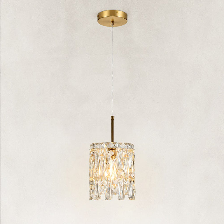 Faceted crystal mini pendant with brushed gold canopy and complete suspension