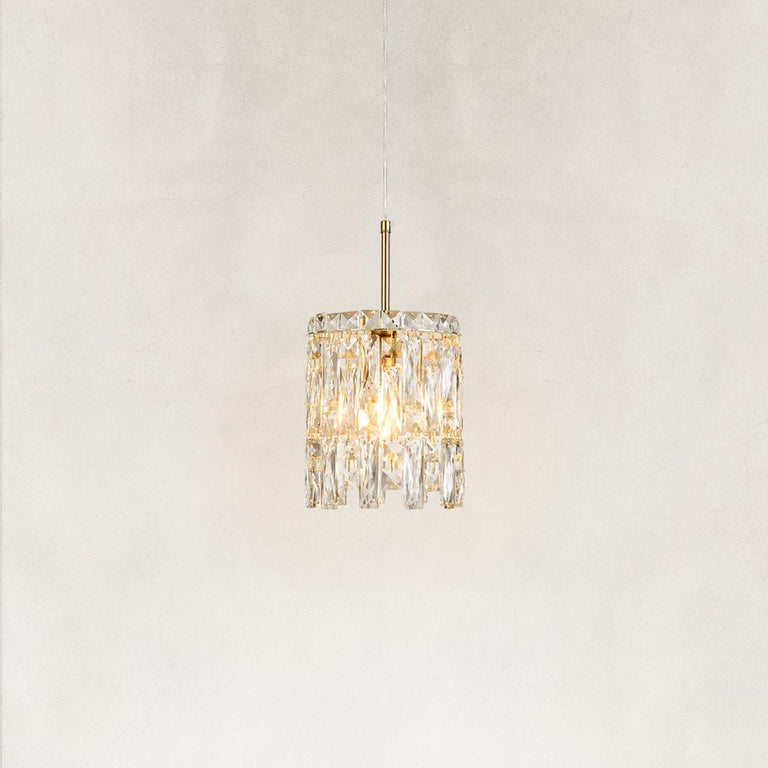 Illuminated faceted crystal mini pendant viewed from the front
